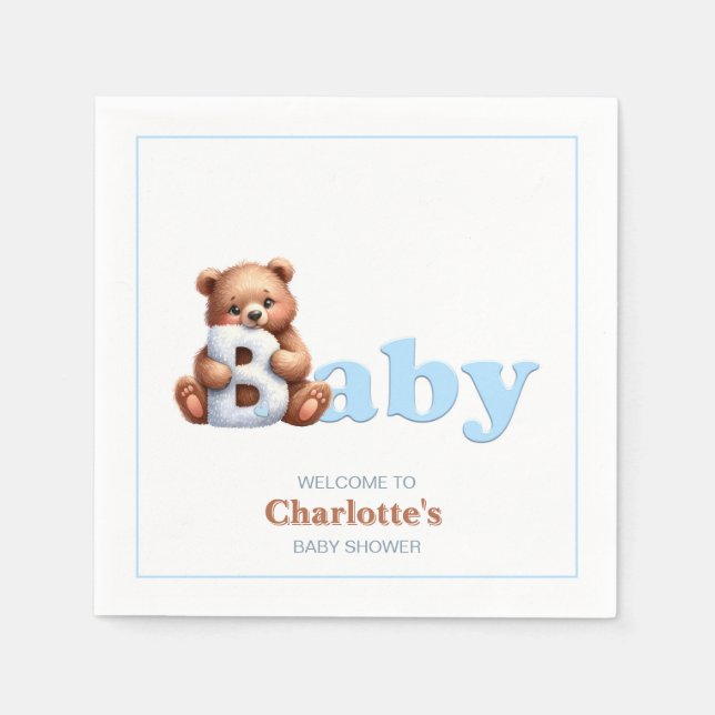 Blue Teddy Bear Baby Shower Napkin (Front)