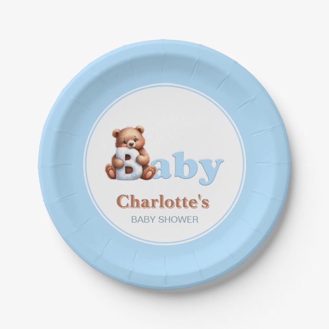 Blue Teddy Bear Baby Shower Paper Plate (Front)