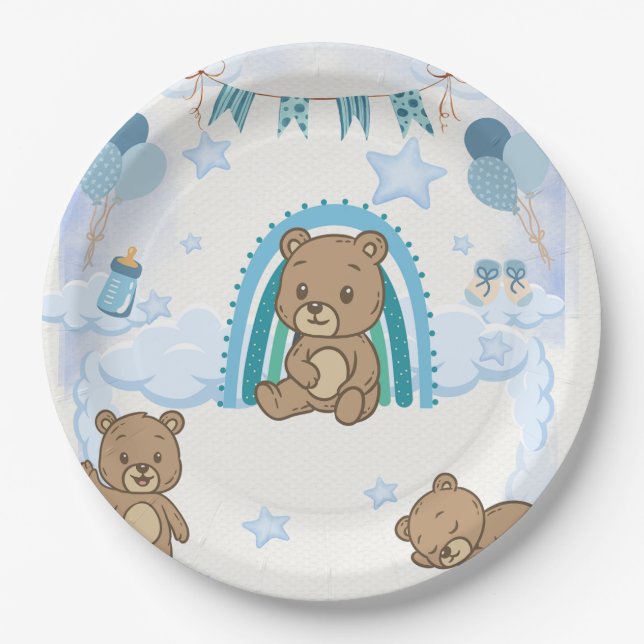 Blue Teddy Bear Baby Shower Plate (Front)