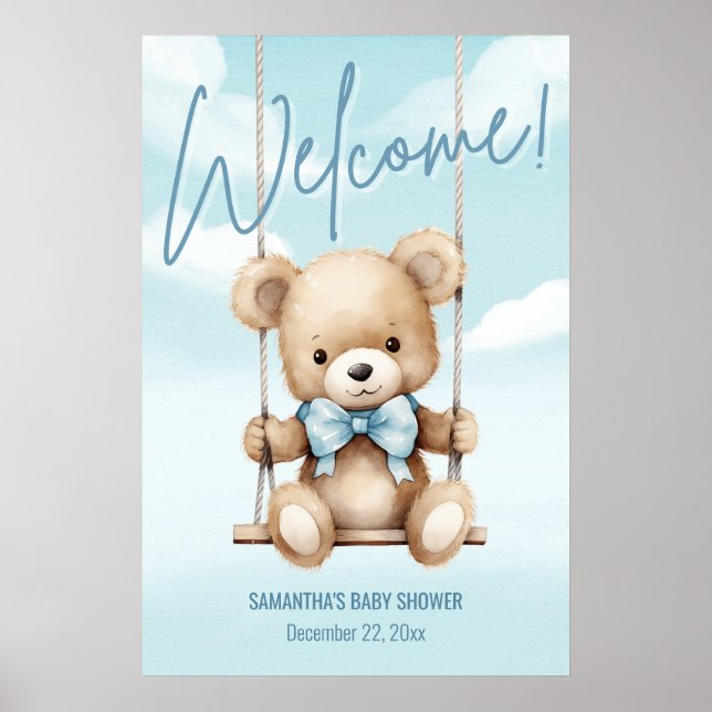Blue Teddy Bear Baby Shower Poster (Front)