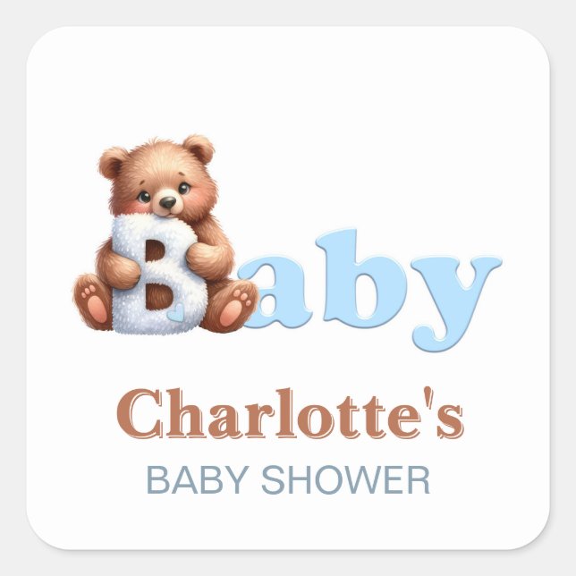Blue Teddy Bear Baby Shower Square Sticker (Front)