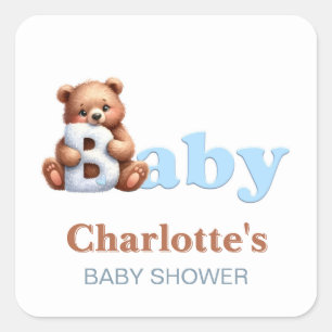 Blue Teddy Bear Baby Shower Square Sticker