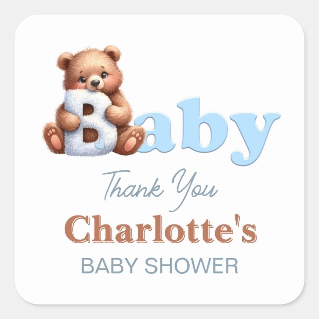 Blue Teddy Bear Baby Shower Thank You Square Sticker (Front)