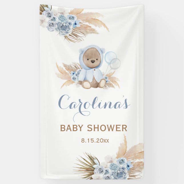 Blue Teddy Bear Baby Shower Vinyl Banner (Vertical)