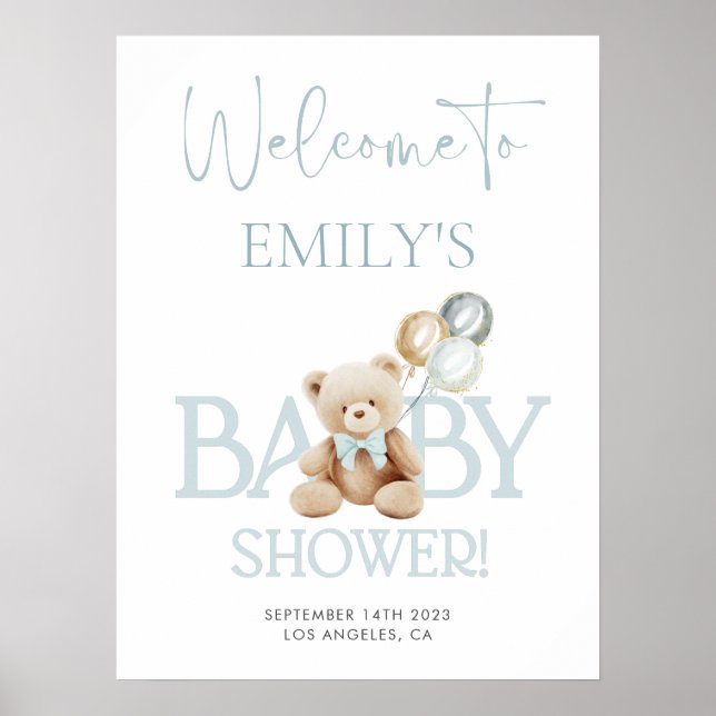 Blue Teddy Bear Baby Shower Welcome Sign (Front)