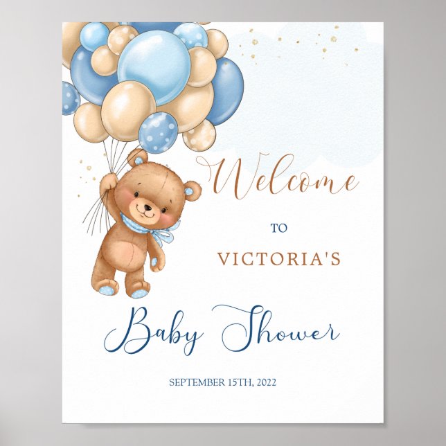 Blue Teddy Bear Baby Shower Welcome Sign (Front)