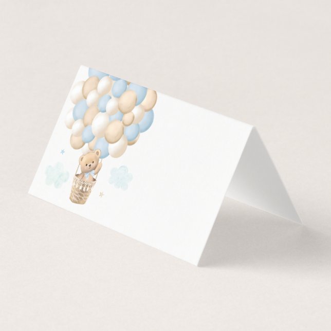Blue Teddy Bear Balloon Baby Shower Place Cards (Front)