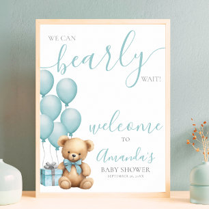 Blue Teddy Bear Balloon Baby Shower Welcome Poster