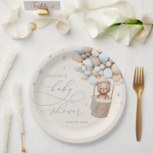 Blue Teddy Bear Balloon Bearly Wait Baby Shower Paper Plate