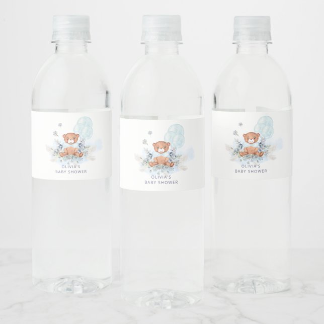 Blue Teddy Bear Balloon Bearly Wait Baby Shower Water Bottle Label (Bottles)