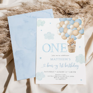 Blue Teddy Bear Balloon Beary First Birthday Invitation