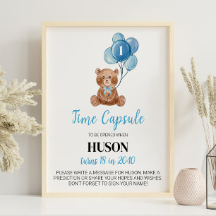 Blue Teddy Bear Balloon Birthday Time Capsule sign