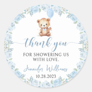 Blue teddy bear balloon boy baby shower thank you  classic round sticker