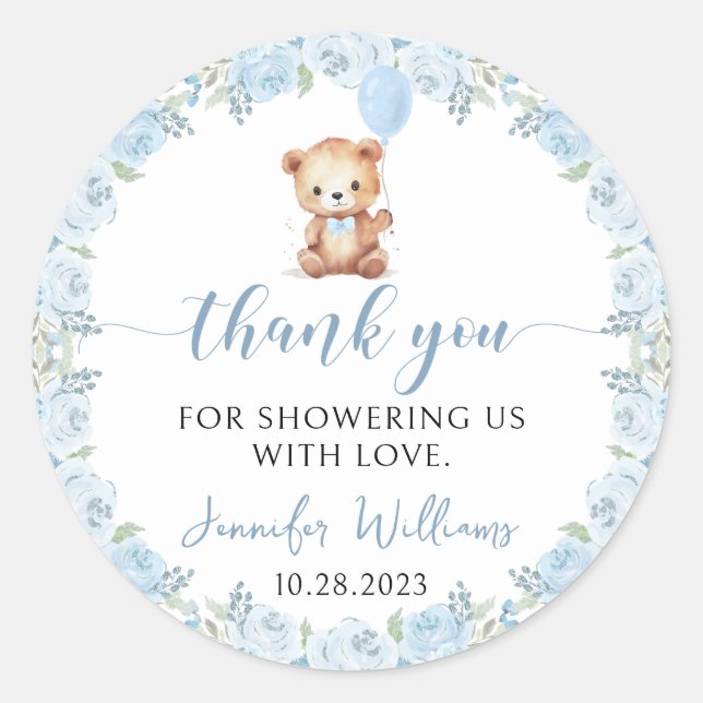 Blue teddy bear balloon boy baby shower thank you  classic round sticker (Front)