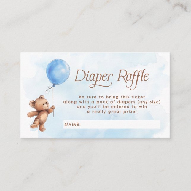 Blue Teddy Bear Balloon Diaper Raffle Ticket Enclosure Card (Front)