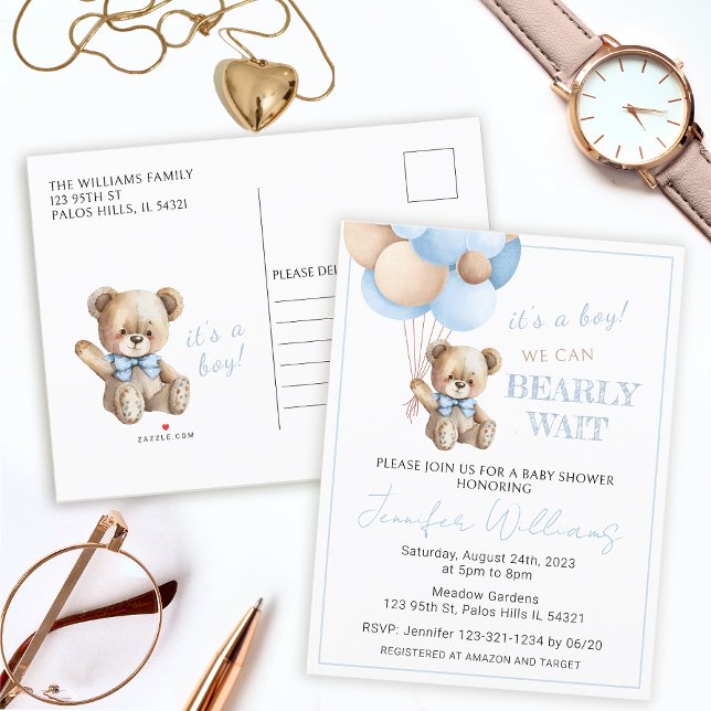 Blue teddy bear balloons baby boy shower postcard (Creator Uploaded)