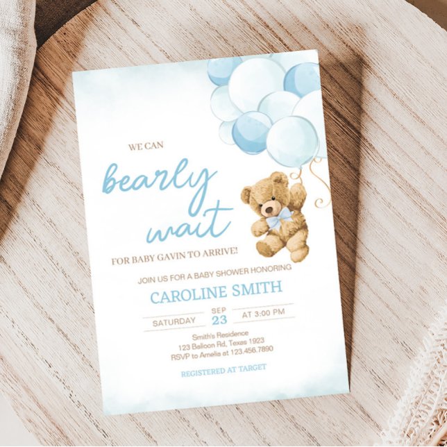 Blue Teddy Bear Balloons Baby Shower  Invitation (We Can Bearly Wait Blue Balloons Baby Shower Invitation)