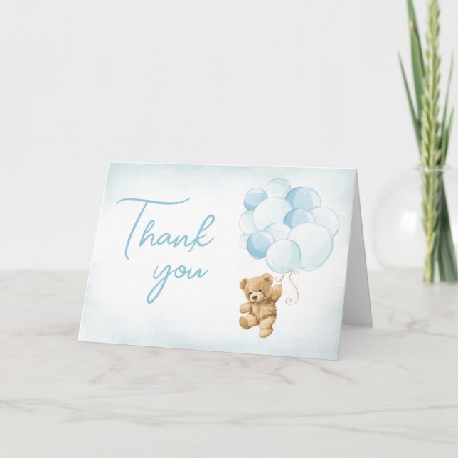 Blue Teddy Bear Balloons Baby Shower  Thank You Card (Front)