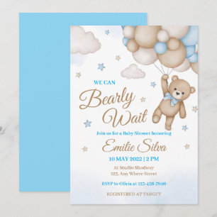 Blue Teddy Bear Balloons Boy Baby Shower Invitation