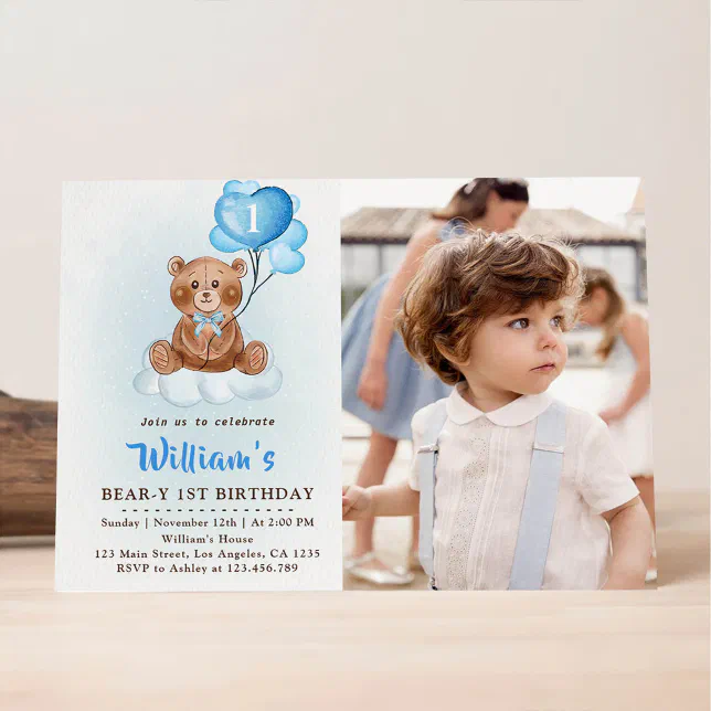 Blue Teddy Bear Balloons First Birthday Photo Invitation | Zazzle