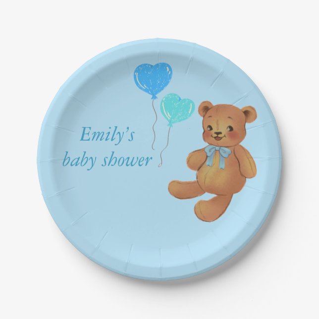 Blue Teddy Bear & Balloons Wrapping  Paper Plate (Front)