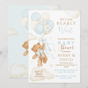 Blue Teddy Bear Bearly Wait Baby Shower Boy Invitation