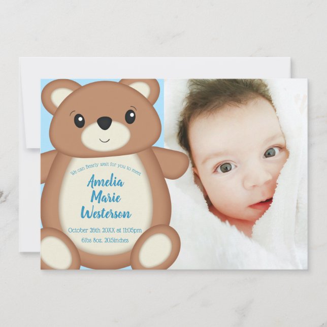 Blue Teddy Bear Birth Announcement (Front)