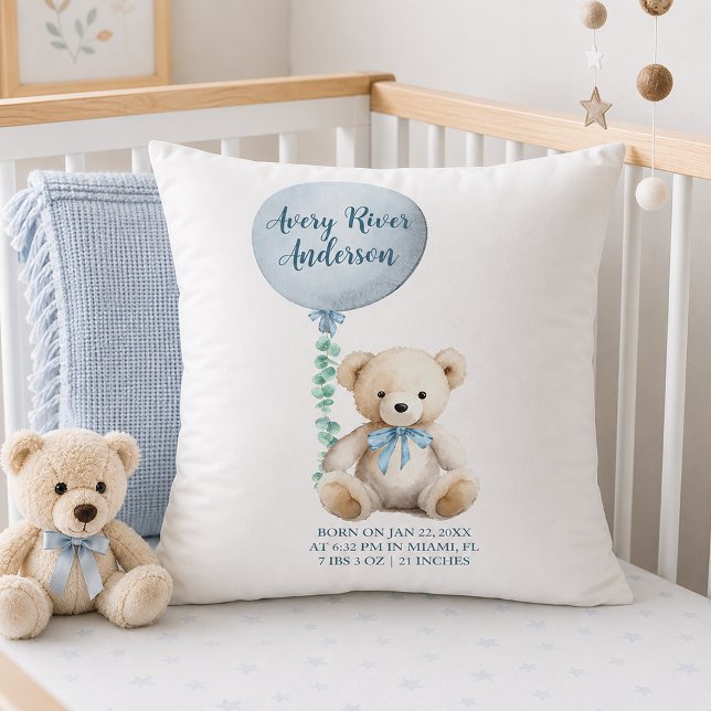 Blue Teddy Bear Birth Stats Baby Pillow (Blue Balloon birth announcement pillow)