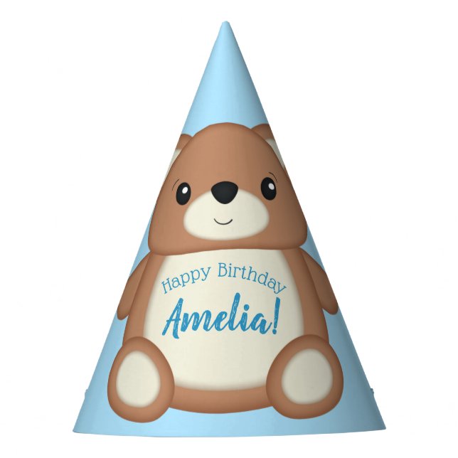 Blue Teddy Bear Birthday Party Party Hat (Front)