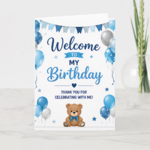Blue Teddy Bear Birthday Welcome Card for Kids
