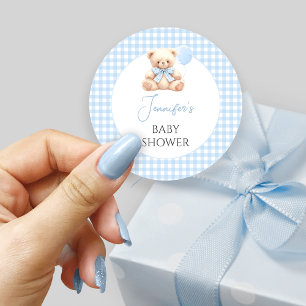 Blue Teddy Bear Bow Balloon Baby Boy Shower Classic Round Sticker