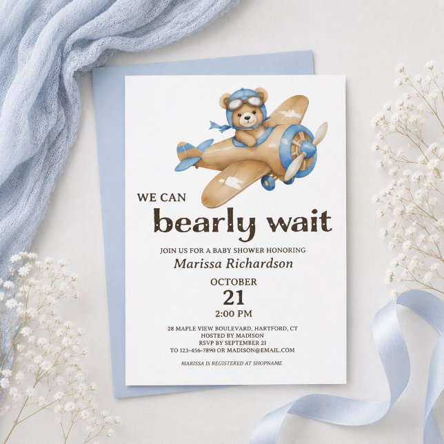 Blue Teddy Bear Boy Baby Shower Invitation (cute we can bearly wait teddy bear pilot baby boy shower invitation with personalized details)