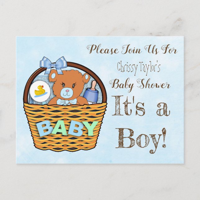 Blue Teddy Bear Boy Baby Shower Invite Postcard (Front)