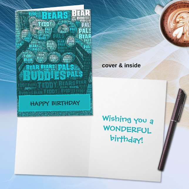 Blue Teddy Bear Buddies Word Cloud Card (Cute teddy bear word cloud greeting card cover. Template text on cover and inside.)