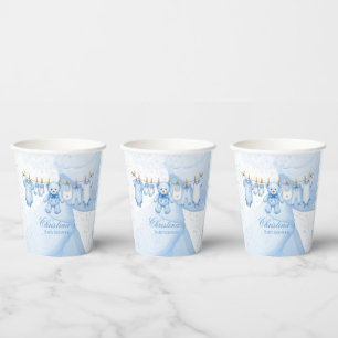 Blue Teddy Bear Clothesline Baby Shower Paper Cups