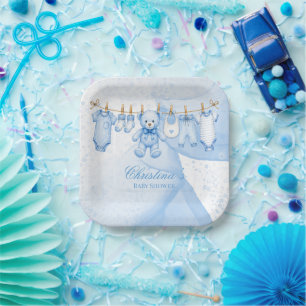 Blue Teddy Bear Clothesline Baby Shower Paper Plate