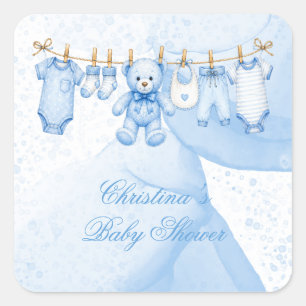 Blue Teddy Bear Clothesline Baby Shower Square Sticker