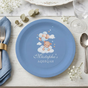 Blue Teddy Bear Cloud Balloon Aqeeqah Baby Boy  Paper Plate