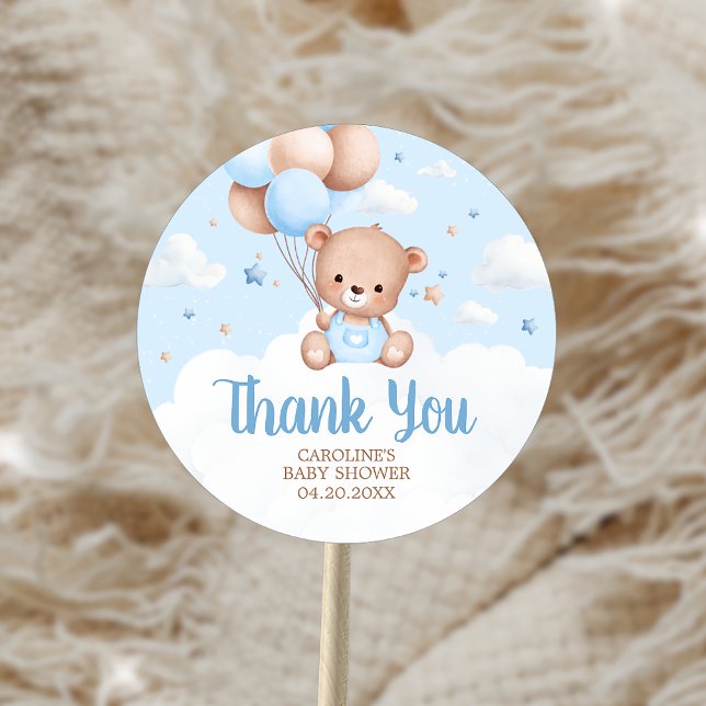 Blue Teddy Bear Clouds Balloon Baby Shower Classic Round Sticker (Blue Teddy Bear Clouds Balloon Baby Shower Sticker)