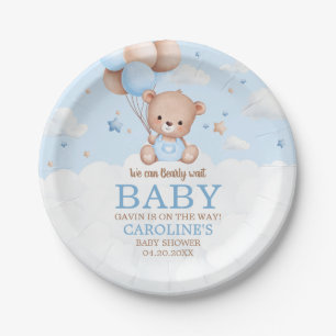 Blue Teddy Bear Clouds Balloon Baby Shower Paper Plate