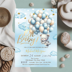 Blue Teddy Bear Clouds Stars Balloon Baby Shower Invitation