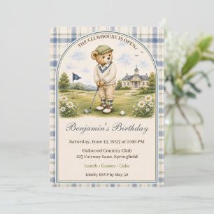 Blue Teddy Bear Country Club Birthday Party Invitation