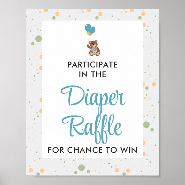 Blue Teddy Bear Cub Baby Shower Diaper Raffle Game Poster (Front)