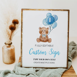 Blue Teddy Bear Custom Table Sign Birthday