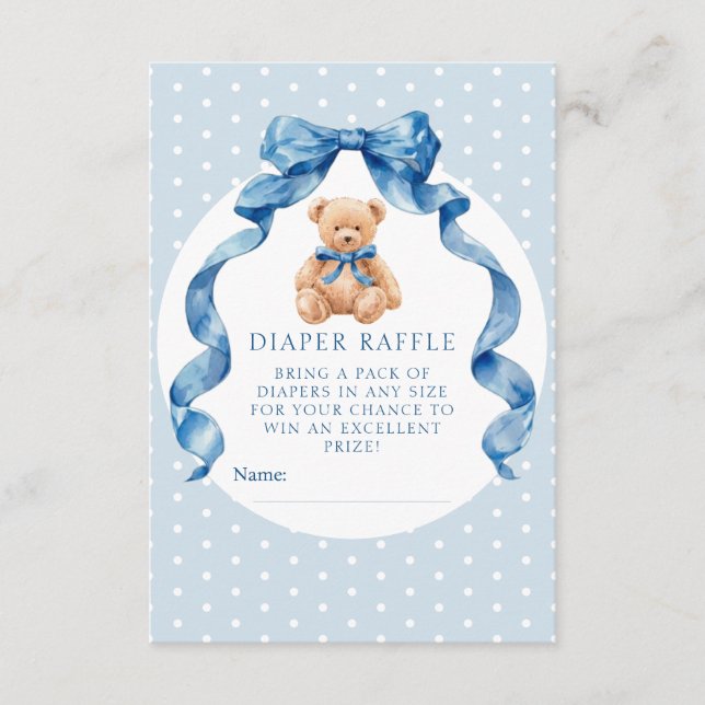 Blue Teddy Bear Diaper Raffle Ticket Enclosure Card (Front)