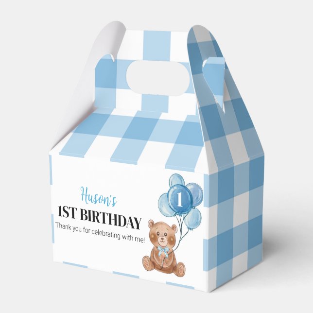 Blue Teddy Bear First Birthday Party Favour Box (Front Side)