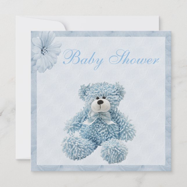 Blue Teddy Bear & Flowers Boy Baby Shower Invitation (Front)