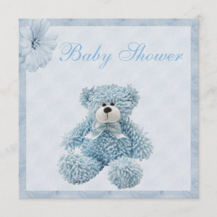 Blue Teddy Bear & Flowers Boy Baby Shower Invitation