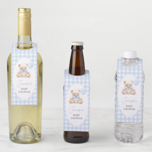 Blue Teddy Bear Gingham Bow Baby Boy Shower Bottle Tag