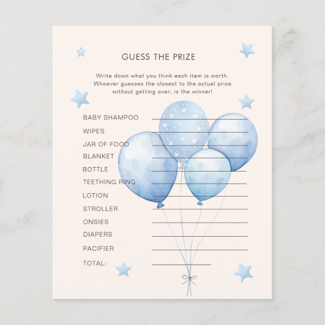 Blue Teddy Bear Guess the Price Baby Shower Game (Front)